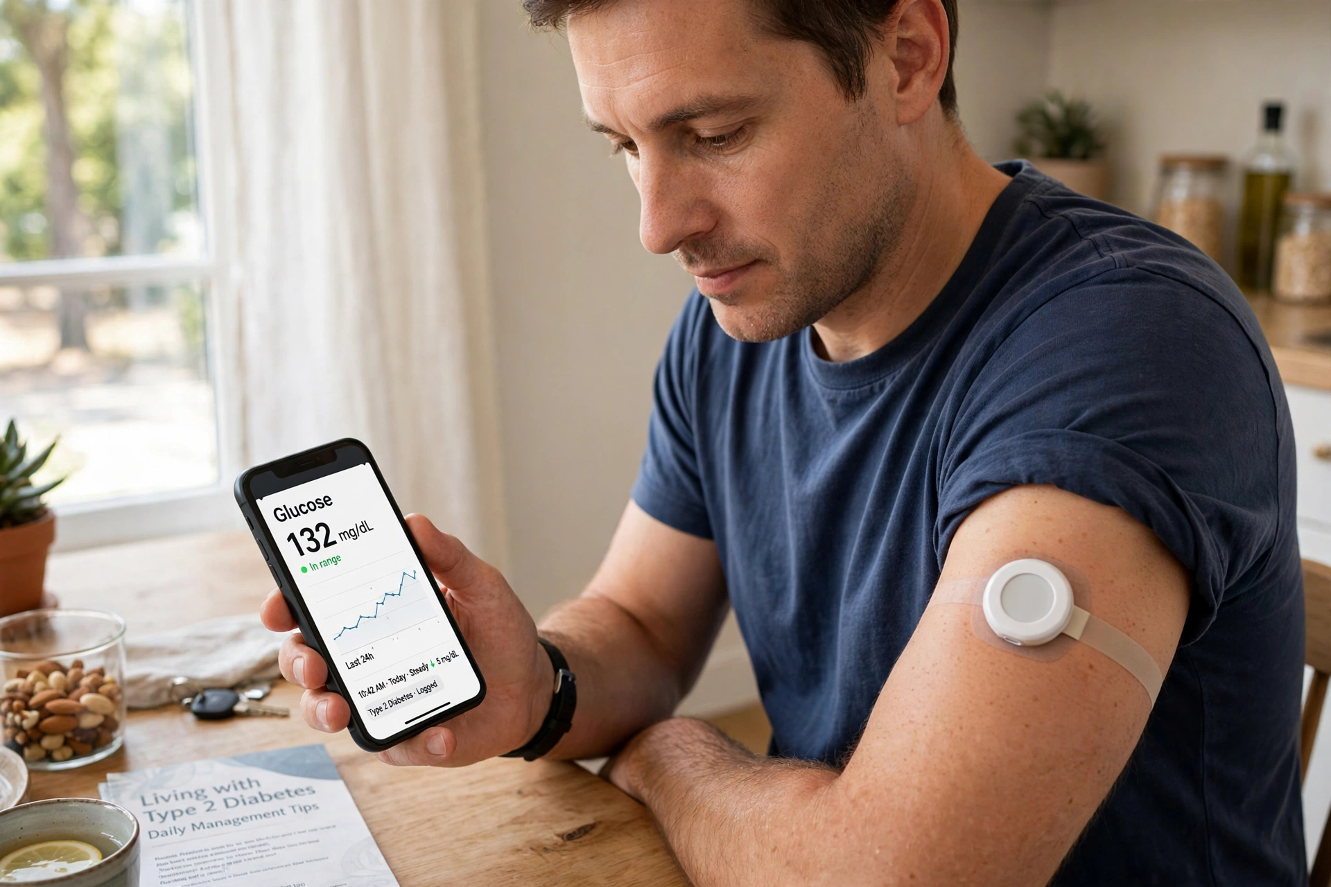 Adult with type 2 diabetes wearing a continuous glucose monitor and checking readings on a smartphone