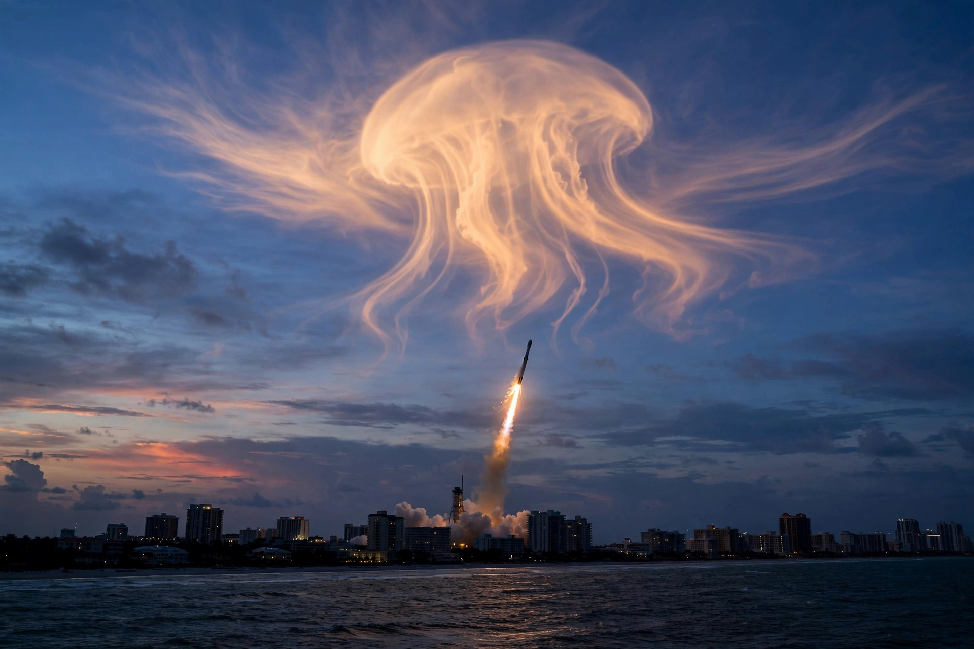 Rocket launch at twilight creating a glowing jellyfish-shaped cloud over the US East Coast