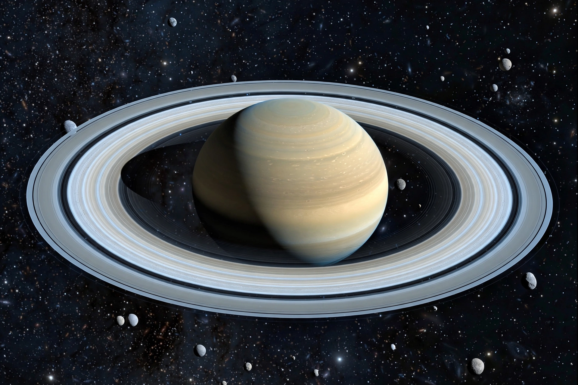 Saturn and its rings surrounded by numerous small moons in deep space