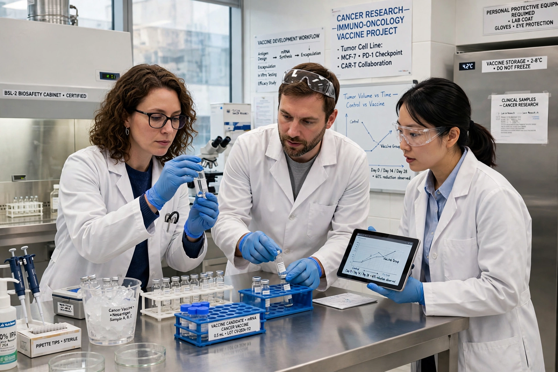 Researcher in a laboratory examining vaccine vials for cancer research